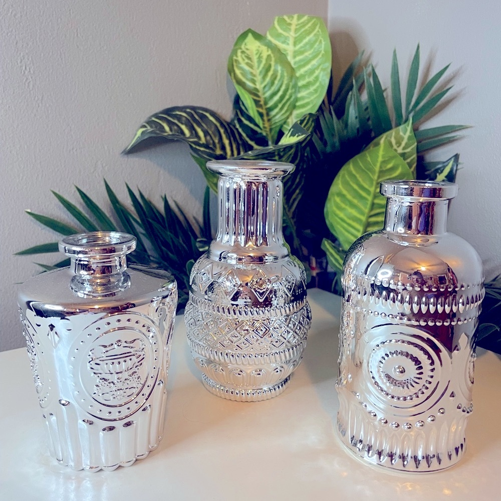 Silver Chrome Textured Glass Vases with Ornate Accents, Bud vase, Small vase